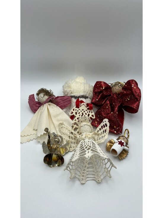 Other - Set Of 6 Vintage Handmade Angel Ornaments In Crochet Fabric Metal & Glittered De